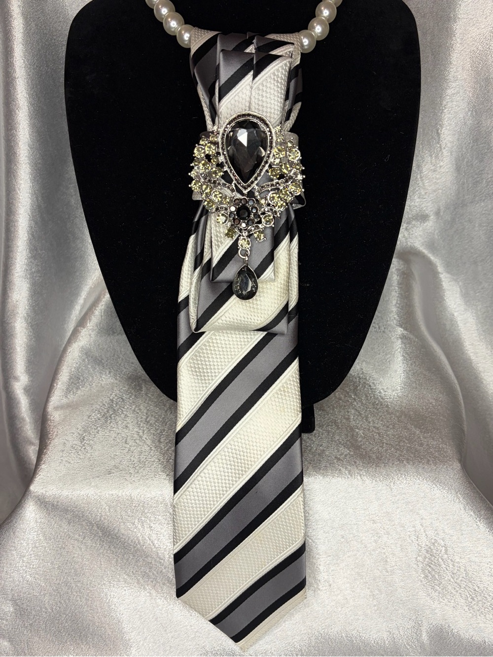 Elegant White & Gray Striped Scarf Wrap with Black Crystal Brooch